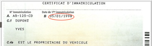 Emplacement de la date de 1ère immatriculation sur la carte grise (champ B)